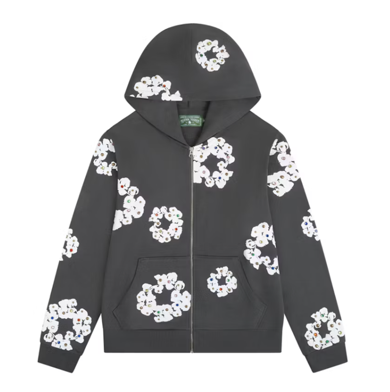 Denim Tears Rhinestone Cotton Wreath Zip Hoodie Vintage Black