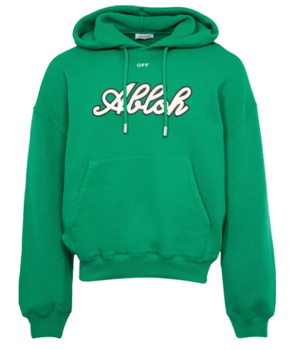 Off White Varsity Print Cotton Hoodie Green