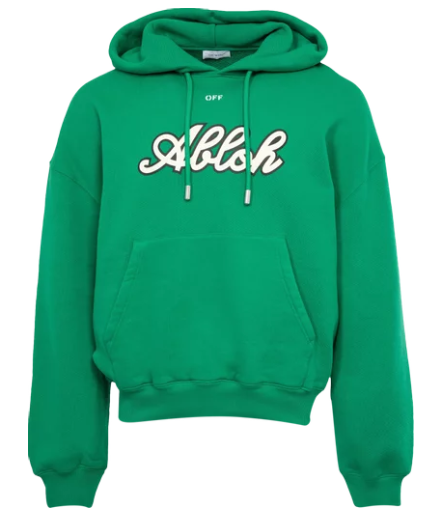 Off White Varsity Print Cotton Hoodie Green